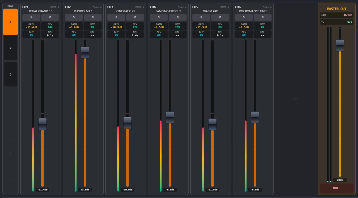 Tela do mixer do Encorde Live com seis canais: Royal Grand 3D, Rhodes MK 1, Cinematic KS, Bambino Upright, Warm Pad e DX7 Romance Tines